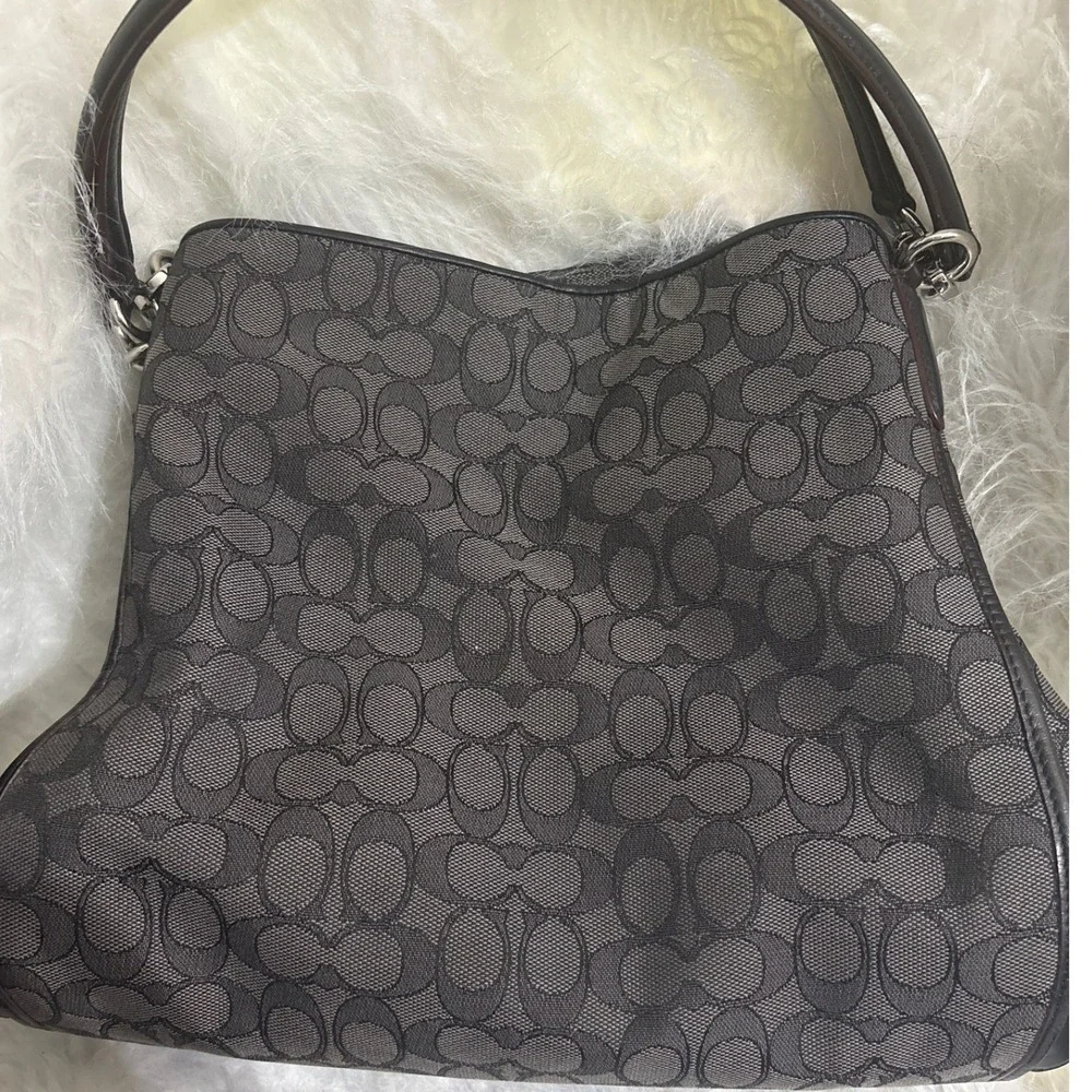 Coach Signature Jacquard Hobo Shoulder Bag Charcoal Grey Black Monogram Canvas